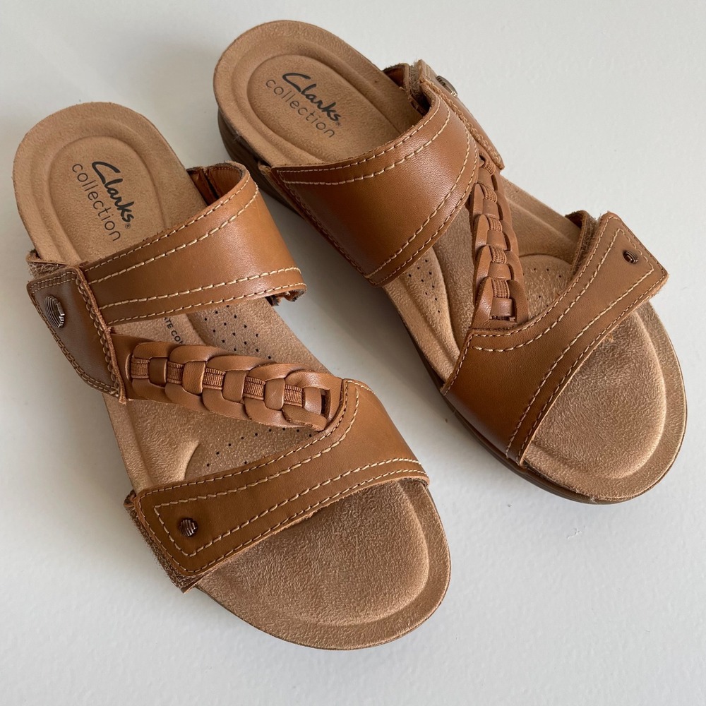Clarks Collection Women Size 8.5 Brown Leather Braided Comfort Slide Sandals New